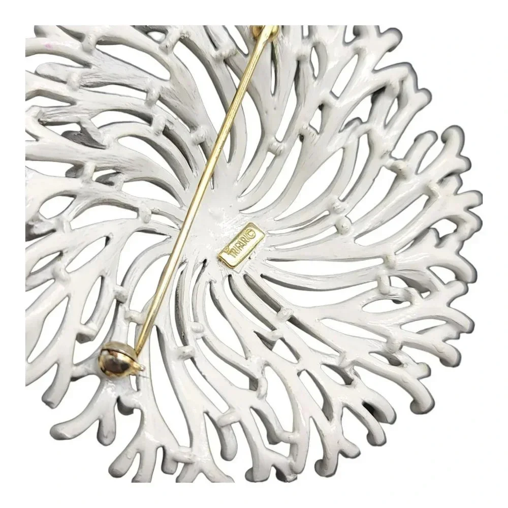 Trifari White Enamel Flower Coral Nature Inspired Brooch Vintage